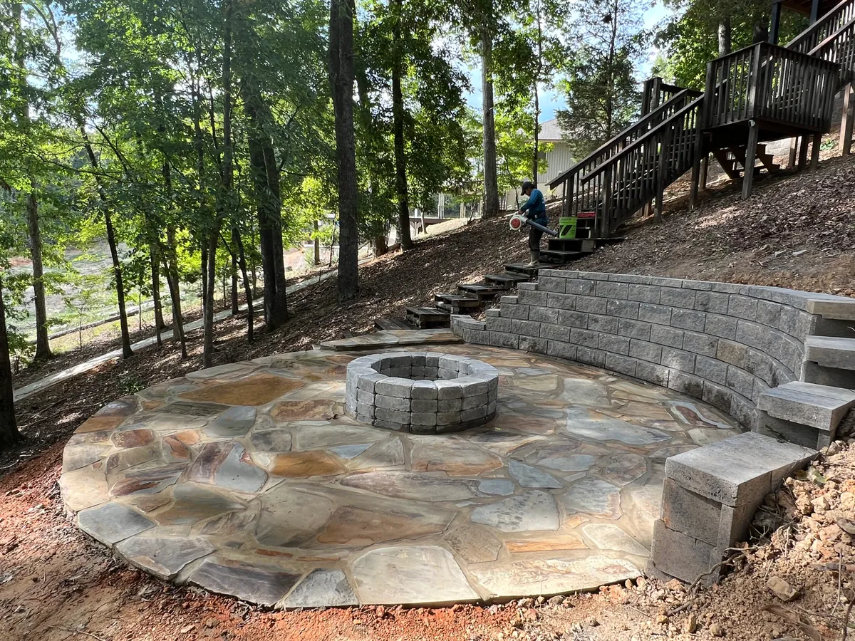 Custom flagstone fire pit patio built by Hardscape Design in Knoxville TN